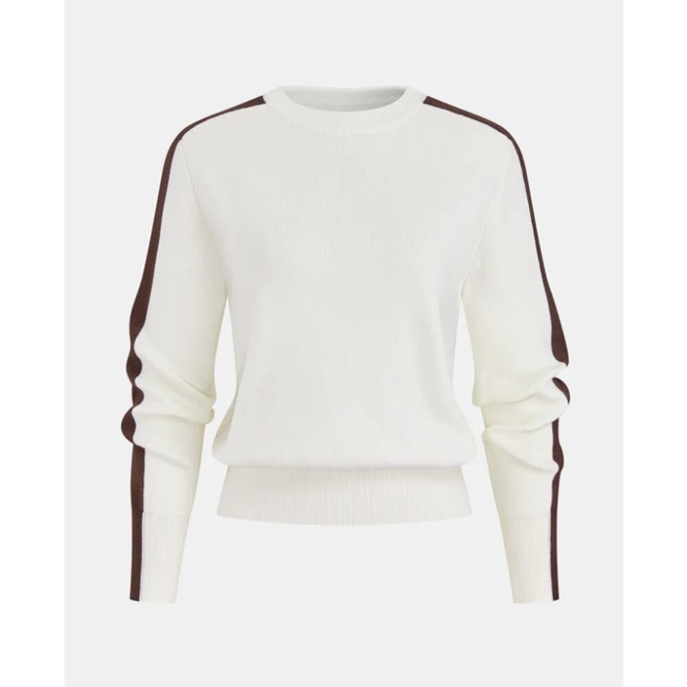 Commense Contrast Stripe Crew Neck Knit Sweater White Brown Trim Minimalist Chic